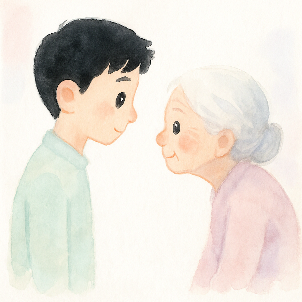 집 앞에서 젊어진 할아버지와 늙은 할머니가 서로 마주보며 놀라는 장면